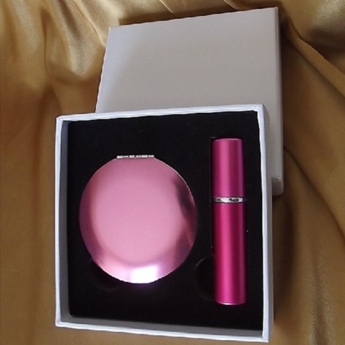 Set  miroir de sac + vaporisateur de parfum de sac rechargeable métal rose  - 1