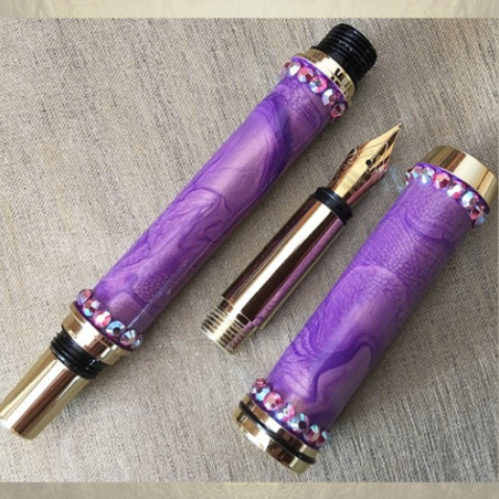 Stylo CRISTAL DE SWAROVSKI , Stylo plume plaqué or fabrication artisanale à la main parme marbré  - 3