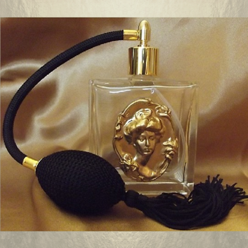 Vaporisateur de parfum poire en verre 100 ml décoration artisanale estampe visage bronze  - 1