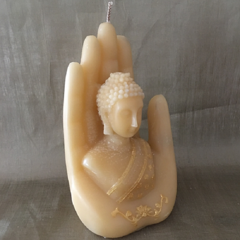 Bougie sculpture décorative artisanale cire naturelle de soja. bouddha dans main 18 cm. Personnalisable  - 1