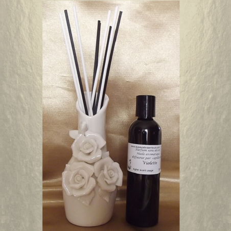 Diffuseur par capillarité vase en céramique bouquet roses, bâtons en coton  - 3