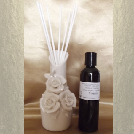 Diffuseur par capillarité vase en céramique bouquet roses, bâtons en coton  - 1