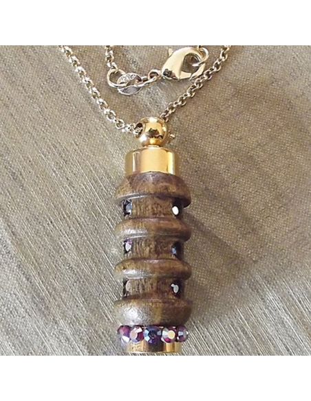 Collier fiole à parfum bois et or strass CRISTAL DE SWAROVSKI FUCHSIA AB artisanal  - 1