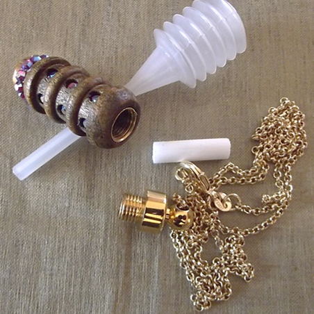 Collier fiole à parfum bois et or strass CRISTAL DE SWAROVSKI FUCHSIA AB artisanal  - 2