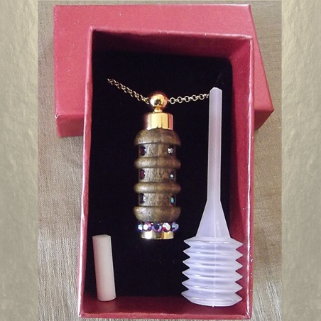 Collier fiole à parfum bois et or strass CRISTAL DE SWAROVSKI FUCHSIA AB artisanal  - 3