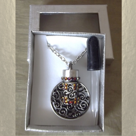 Collier pendentif fiole à parfum CRISTAL DE SWAROVSKI VOLCANO filigrane 3D relief argent  - 3