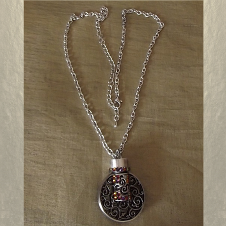 Collier pendentif fiole à parfum CRISTAL DE SWAROVSKI VOLCANO filigrane 3D relief argent  - 4