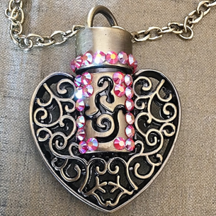 Collier pendentif fiole à parfum CRISTAL DE SWAROVSKI FIRE OPAL AB filigrane cœur artisanal  - 1
