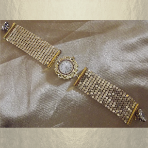 Montre bracelet Cristal de Swarovski artisanale 2 en 1 couleur or cotte de maille  - 1