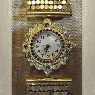 Montre bracelet Cristal de Swarovski artisanale 2 en 1 couleur or cotte de maille  - 1 2