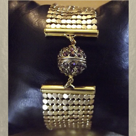 Montre bracelet Cristal de Swarovski artisanale 2 en 1 couleur or cotte de maille  - 3