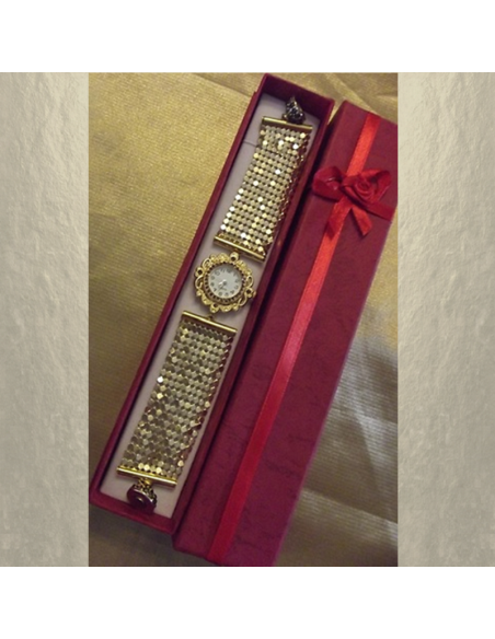 Montre bracelet Cristal de Swarovski artisanale 2 en 1 couleur or cotte de maille  - 4