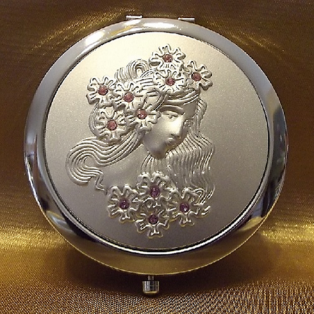 Miroir de sac de luxe visage de femme relief argent strass verre  - 1