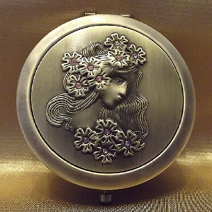 Miroir de sac de luxe visage de femme relief argent strass verre bronze