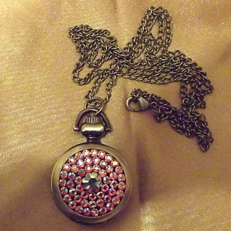 Montre Cristal de Swarovski à gousset et miroir décoration artisanale à la main bronze  - 1