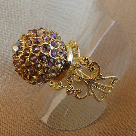 Bague boule pavé CRISTAL DE SWAROVKI plaqué or filigrane ajustable artisanale  - 2