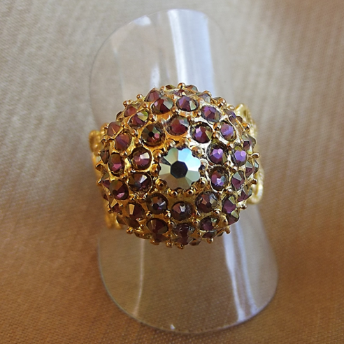 Bague boule pavé CRISTAL DE SWAROVKI plaqué or filigrane ajustable artisanale  - 3