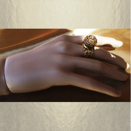 Bague boule pavé CRISTAL DE SWAROVKI plaqué or filigrane ajustable artisanale  - 4