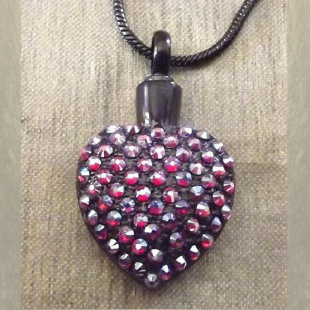 Collier Pendentif fiole Mémorial, fiole à parfum précieux CRISTAL DE SWAROVSKI artisanal cœur noir dans écrin  - 1
