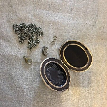 Collier pendentif porte photo, pilulier camé nacre d'Abalone, artisanal bronze  - 7