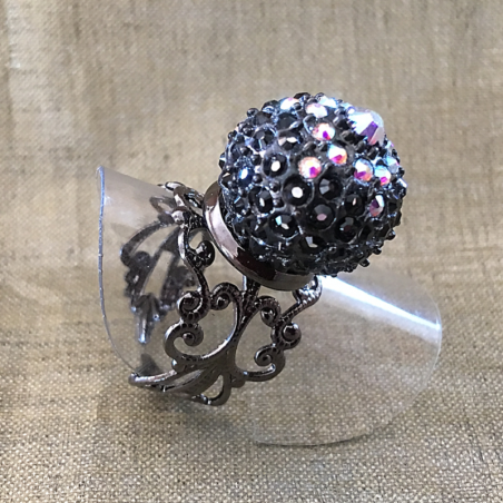 Bague boule pavé CRISTAL DE SWAROVKI plaqué gun métal filigrane ajustable artisanale  - 1