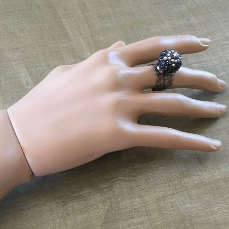 Bague boule pavé CRISTAL DE SWAROVKI plaqué gun métal filigrane ajustable artisanale  - 4