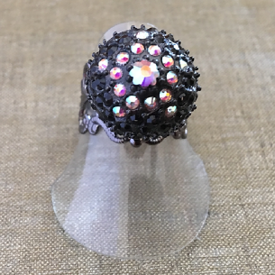 Bague boule pavé CRISTAL DE SWAROVKI plaqué gun métal filigrane ajustable artisanale  - 1 2