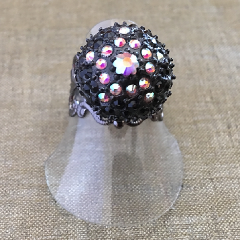 Bague boule pavé CRISTAL DE SWAROVKI plaqué gun métal filigrane ajustable artisanale  - 2