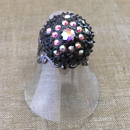 Bague boule pavé CRISTAL DE SWAROVKI plaqué gun métal filigrane ajustable artisanale  - 2