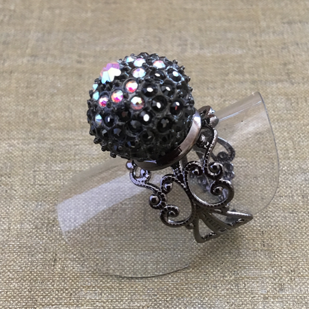 Bague boule pavé CRISTAL DE SWAROVKI plaqué gun métal filigrane ajustable artisanale  - 3