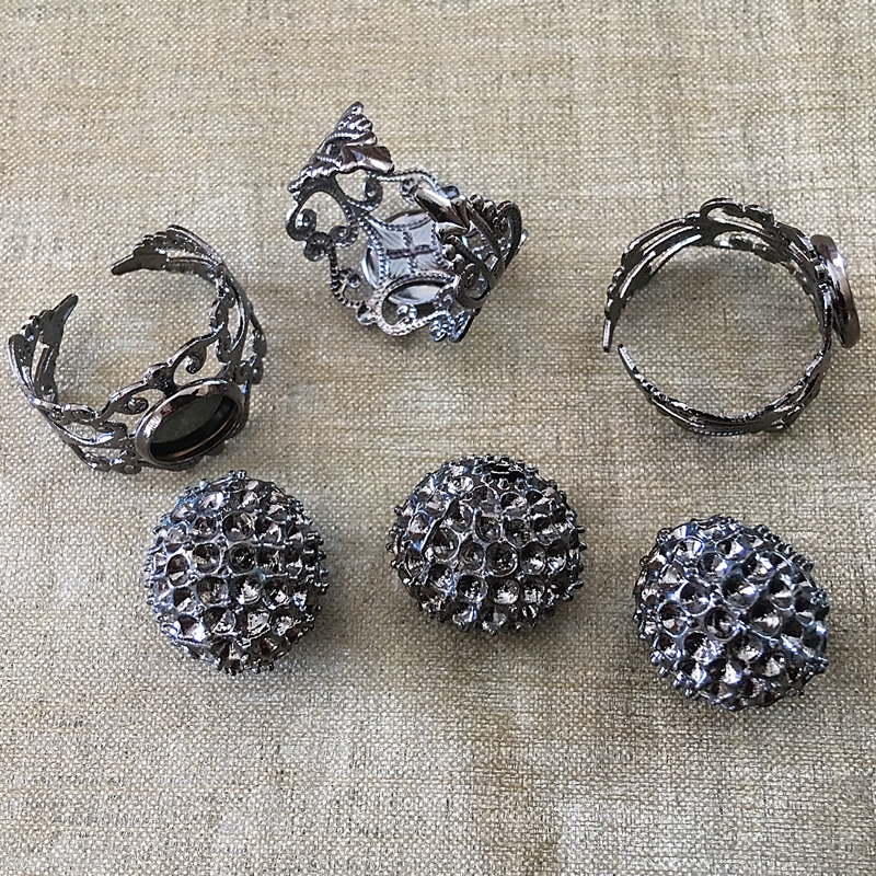 Bague boule pavé CRISTAL DE SWAROVKI plaqué gun métal filigrane ajustable artisanale  - 7