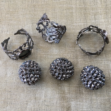 Bague boule pavé CRISTAL DE SWAROVKI plaqué gun métal filigrane ajustable artisanale  - 7