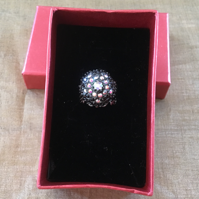 Bague boule pavé CRISTAL DE SWAROVKI plaqué gun métal filigrane ajustable artisanale  - 5