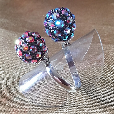 Bague boule double pavé CRISTAL DE LUXE Hyacinth AB & Fuchsia AB ajustable artisanale  - 1