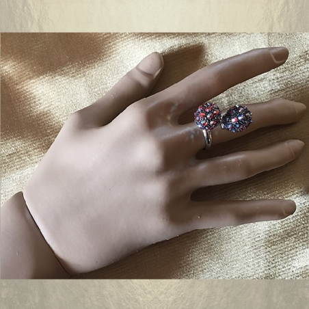 Bague boule double pavé CRISTAL DE LUXE Hyacinth AB & Fuchsia AB ajustable artisanale  - 2