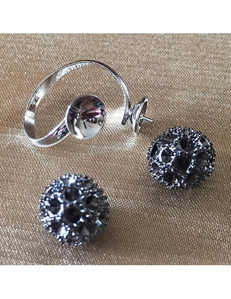 Bague boule double pavé CRISTAL DE LUXE Hyacinth AB & Fuchsia AB ajustable artisanale  - base