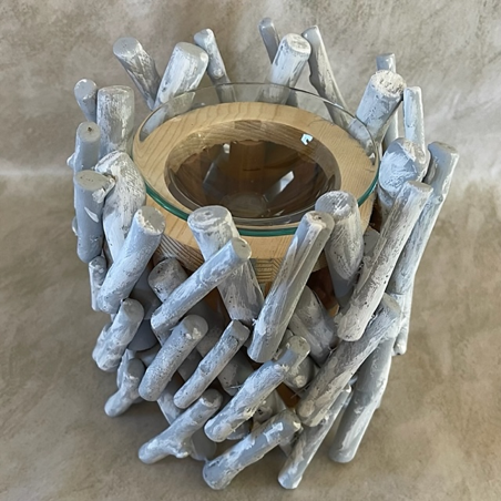 Lampe diffuseur de parfum bois vieilli patine blanche