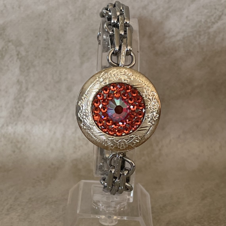 Bracelet porte photo CRISTAL DE SWAROVSKI PADPARDSCHA artisanal modèle gourmette couleur argent