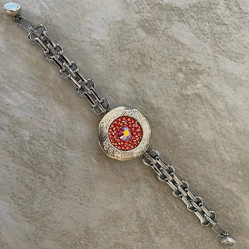 Bracelet porte photo CRISTAL DE SWAROVSKI PADPARDSCHA artisanal modèle gourmette couleur argent  ouvert