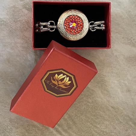 Bracelet porte photo CRISTAL DE SWAROVSKI PADPARDSCHA artisanal modèle gourmette couleur argent  dans boîte cadeau