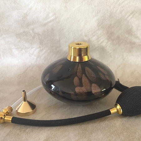 Vaporisateur de parfum poire verre artisanal  noir or bronze 190 ml ouvert