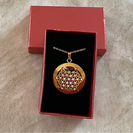 Collier pendentif diffuseur de parfum Fleur de vie artisanal strass CRISTAL DE LUXE Fire opal AB coffret cadeau