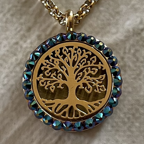 Collier pendentif diffuseur de parfum arbre de vie artisanal strass Swarovski  Scarabaeus Green artisanal