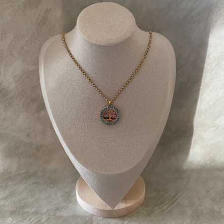 Collier pendentif diffuseur de parfum arbre de vie artisanal strass Swarovski  Scarabaeus Green artisanal sur buste