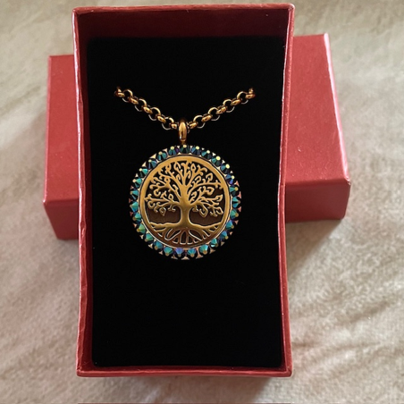 Collier pendentif diffuseur de parfum arbre de vie artisanal strass Swarovski  Scarabaeus Green artisanal coffret cadeau