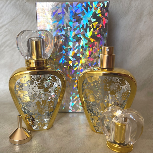 Vaporisateur de parfum cœur vide et rechargeable en verre fleur dorée avec entonnoir et boîte cadeau