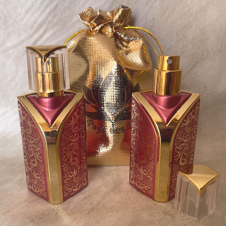 vaporisateur de parfum buste cachemire bordeaux perlé avec pochon couleur or