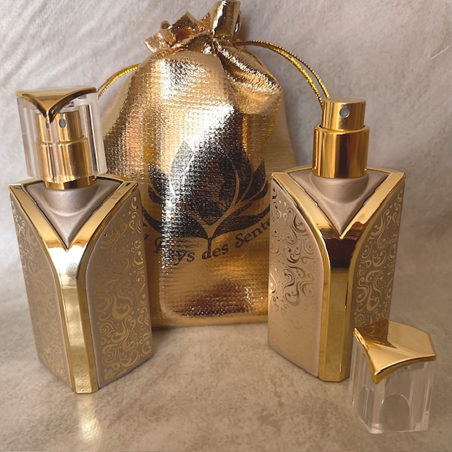 vaporisateur de parfum verre vide et rechargeable buste cachemire champagne perlé avec pochon