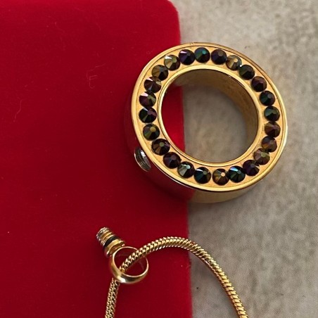 Collier artisanal Pendentif fiole Mémorial, fiole à parfum précieux orné de strass CRISTAL DE LUXE raimbow dark ouvert