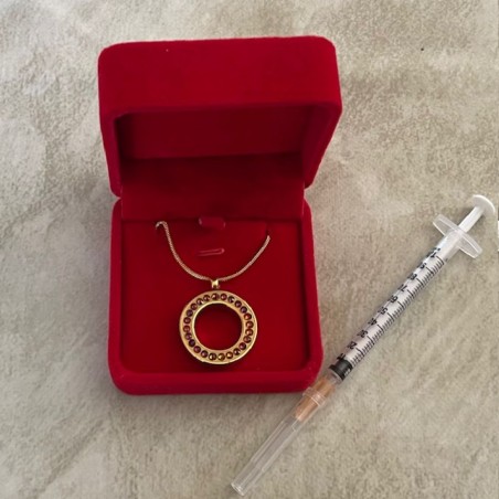 Collier artisanal Pendentif fiole Mémorial, fiole à parfum précieux orné de strass CRISTAL DE LUXE FIRE volcano or écrin